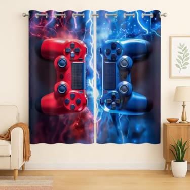 Imagem de CZROUZ Cortina moderna para gamer, relâmpago de gamepad vermelho e azul para videogames, cortinas com ilhós para janelas de mesa de jogos ou dormitório pequeno, conjunto de 2 painéis, 106 x 111 cm