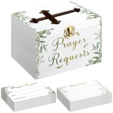 Imagem de CroBlissful Caixa de pedido de oração com 100 cartões de oração 15 x 10 x 10 cm caixa de pedidos de madeira envelhecida para primeira comunhão, presentes de Natal de Ação de Graças cristãos (folhas)