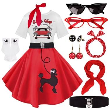 Imagem de 10 peças de roupas femininas, saias poodle dos anos 1950, camiseta poodle com acessórios dos anos 50, meias, cachecol, faixa de cabeça, brinco de cinto, Red-sockhop, M