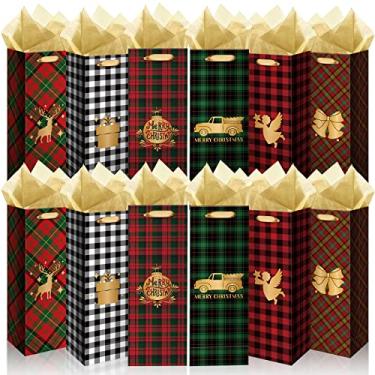 Imagem de 12 peças de sacos de presente de vinho de Natal garrafa de vinho capa de presente com alças sacos de papel de vinho para presente de festa de Natal, Natal, Dia de Ação de Graças, mesa de casamento, decorações de lembrancinhas (xadrez)