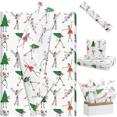 Imagem de 100 folhas de papel de seda de Natal para sacos de presente, esqueleto de Natal com chapéu de Papai Noel, papel de seda impresso para embrulho de presente para férias de inverno, suprimentos de