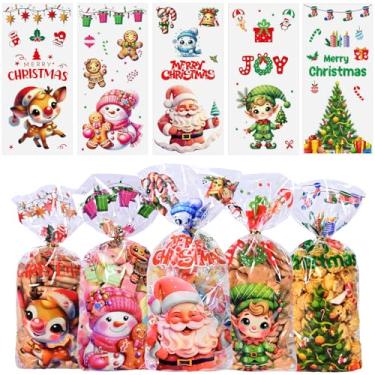 Imagem de RICEDUO Sacos de presente de celofane de Natal, 100 peças de sacolas de doces de Natal com laços dourados, lindos sacos de presente transparentes para suprimentos de festa de Natal