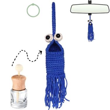 Imagem de DICHA Aromatizador de ar de carro alienígena de crochê - frasco difusor de carro recarregável vazio de 8 ml para espelho retrovisor - difusor de óleo de fragrância de suspensão de ar - YIPYIP azul