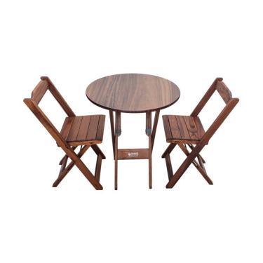 Imagem de Mesa Dobrável De Madeira Redonda 70cm Com 2 Cadeiras Imbuia - Cor: Marrom