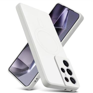 Imagem de YSLBWLE Capa magnética para Galaxy S21 Ultra, capa fina de silicone líquido, à prova de choque, capa de telefone fina para Galaxy S21 Ultra, capa protetora de câmera de corpo inteiro - branco arroz