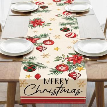 Imagem de Croar Merry Christmas, bola de jantar, mesa de jantar, poinsétia de Natal, agulha de pinheiro, floco de neve, estrelas, decoração de cozinha, decoração de inverno, ambientes internos e externos