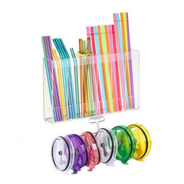 Imagem de Suporte de canudo acrílico de 25 cm para porta de armário com organizador de tampa de copo, armazenamento de canudo grande com suporte de tampa de copo reutilizável e pegajoso lavável, organizador de