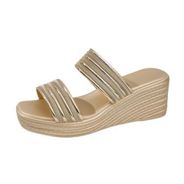 Imagem de Pantufa feminina casual primavera verão versátil plataforma praia cor sólida peep-toe aberto, Dourado, 39