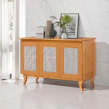 Imagem de Buffet Aparador 3 Portas com Tela Rattan Madeira Sólida de Pinus 124cm