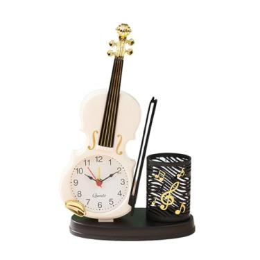 Imagem de Despertador, relógio de violino com suporte de caneta, ornamento decorativo de mesa para escritório, quarto, sala de aula, organizador de mesa para amantes de violino, aniversário (branco)