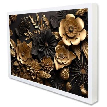 Imagem de Quadro Decorativo Floral Luxo Flores Preto e Dourado em Moldura Caixa 