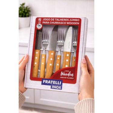 Imagem de Conjunto Talheres Churrasco Madeira Grelha BBQ Churrasqueiro Aço Inox 