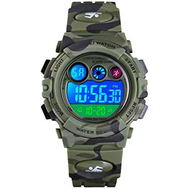 Imagem de Relógio de pulso colorido com luz de fundo colorida e à prova d'água e LED digital para crianças, C Green Camouflage