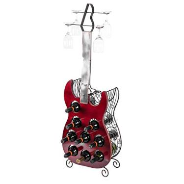 Imagem de Vintiquewise Suporte decorativo para vinho vintage madeira e metal formato de guitarra 9 garrafas, grande, vermelho