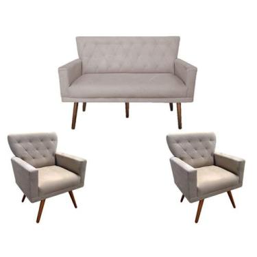 Imagem de Kit Namoradeira + 2 Poltronas Decorativa Aurora Suede Bege Pés Madeira
