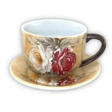 Imagem de Caneca Jumbo Com Prato De Porcelana 500 Ml Xícara Consumê Para Sopa Ce