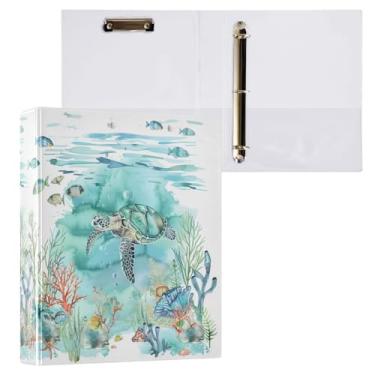 Imagem de Fichário de 3 anéis de tartaruga marinha subaquática azul-petróleo, 3,8 cm, fichário decorativo com prancheta e 3 bolsos transparentes, comporta 200 folhas de papel tamanho A4, fichários à prova
