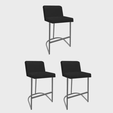 Imagem de Kit 03 Banquetas Com Encosto Noah Luxo Confort Bistrô Cozinha Ferro Cinza Suede Preto - Ahz Móveis