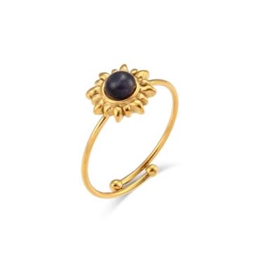 Imagem de JASXEYO Anel de design de sol ajustável, aço inoxidável banhado a ouro 18K, pedra olho de gato azul, anel de flor de girassol moderno simples, anéis de ouro para mulheres, Aço inoxidável, Olho de gato
