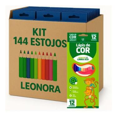Imagem de Kit 144 Estojos Lápis De Cor 12 Cores Escolar Atacado - Leonora
