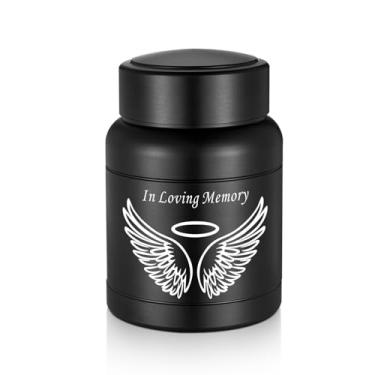 Imagem de SOITIS Urna de cremação - Urna média de 9 cm para cinzas humanas - Lembrança elegante em memória de alumínio preto com design de asas brancas - Urna funerária para cinzas, suporte de lembrança