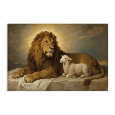 Imagem de SDYJ6GSW Decoração de parede de Jesus para sala de oração arte de parede cristã impressões de parede em tela de leão e cordeiro Imagem para decoração de casa oração serenidade 90 x 60 cm (36 x 24 pol