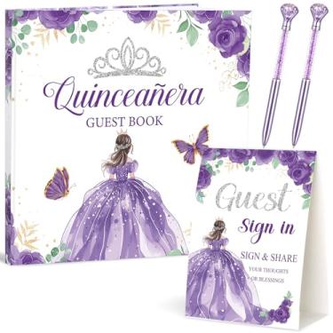 Imagem de Threehoney Conjunto de 3 peças de livros de visitas de quinze anos 15 lembrancinhas de festa de quinze anos com placa em pé e caneta de diamante com base decorações de aniversário de 15 anos (Roxo)