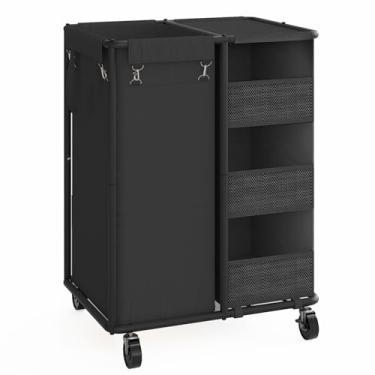 Imagem de WOWLIVE Cesto de lavanderia com rodinhas de 100 L com bolsa suspensa e removível, carrinho de lavanderia com estrutura de aço e unidade de armazenamento, organizador de cesta grande para dormitório