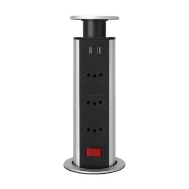 Imagem de Torre De Tomadas De Embutir Retrátil Multiplug USB mais USB Tipo C com 3 Tomadas Bancada (Prata)