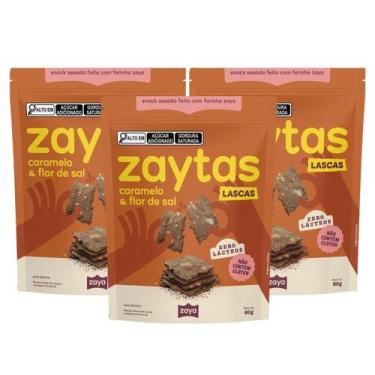 Imagem de 3x Zaytas Caramelo e Flor de Sal Lascas Crocantes Vegana 80g, Caramelo