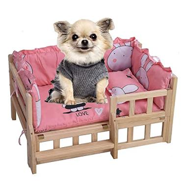 Imagem de TsoLay Cama para cães de estimação Cama de madeira maciça para animais de estimação com grade de proteção e tapete macio lavável, adequado para gatos e cães pequenos, para cães e gatos