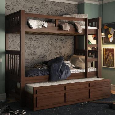 Imagem de Treliche Solteiro Castanho Escuro 3 Gavetas E 1 Escada Madeira De Pinus