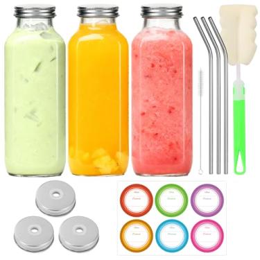Imagem de BIGIVACA Garrafas de vidro de 473 ml para sucos - Pacote com 3 garrafas de suco de vidro com tampas e canudos inoxidáveis - Garrafa de suco reutilizável, recipientes herméticos quadrados para bebidas