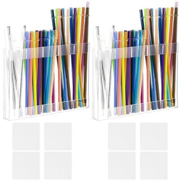 Imagem de FVIEXE 2 peças de suporte de canudo para porta de armário, organizador de canudos de acrílico, recipiente transparente para armário de cozinha, dispensador de armazenamento de canudos com fita dupla