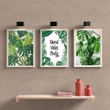Imagem de Kit 3 Quadros Folhagens Good Vibes Only 34x23Cm - Quadros On-Line