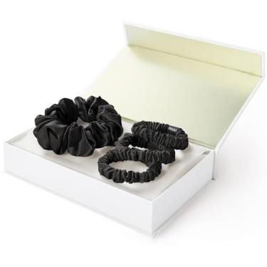 Imagem de THXSILK 25 elásticos de seda Momme Mulberry Pacote com 4, laços de cabelo 100% seda pura para mulheres, cabelos finos e finos, suportes de rabo de cavalo sem danos com caixa de presente, acessórios de