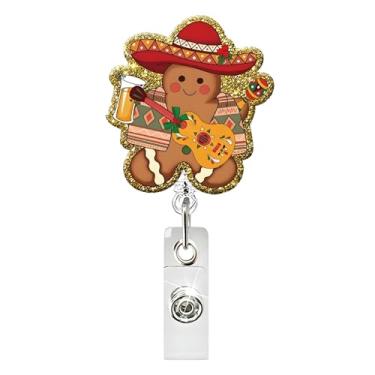 Imagem de Carretel de crachá de Natal, suporte de crachá de gengibre para guitarra com clipe jacaré, retrátil, dourado, glitter, carretéis de crachá de identificação, Natal, inverno, acrílico, acessórios para