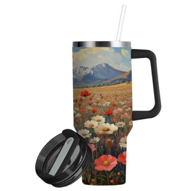 Imagem de ATTX Copo vintage de 850 g para pintura a óleo de flores silvestres com alça, copo de aço inoxidável a vácuo de parede dupla com palha, caneca de café isolada para viagem #828