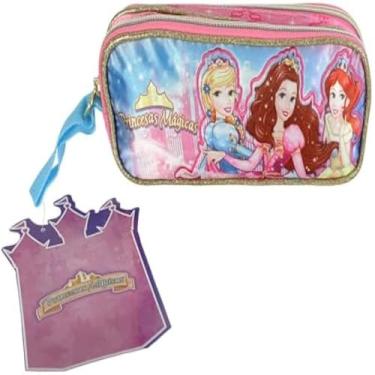 Imagem de Estojo rosa de princesas com compartimentos duplos, para guardar material escolar, charmoso.