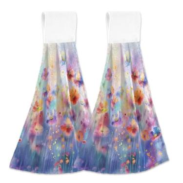 Imagem de xigua Conjunto de 2 toalhas de cozinha coloridas de flores silvestres, toalhas de cozinha macias e absorventes rápidas com laço para pendurar e adesivos mágicos, toalhas de mão de pano para pendurar