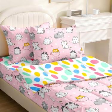 Imagem de Yadangxiawa Jogo de edredom infantil, solteiro com zíper, estampa de gatos, com manchas coloridas, lençol com elástico e fronhas para todas as estações (gatos)