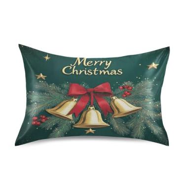 Imagem de SEHANY Fronha de seda verde com sinos de Natal para cabelo e pele, capa de almofada respirável super macia e macia com envelope para casa, quarto, hotel, padrão 50 x 102 cm