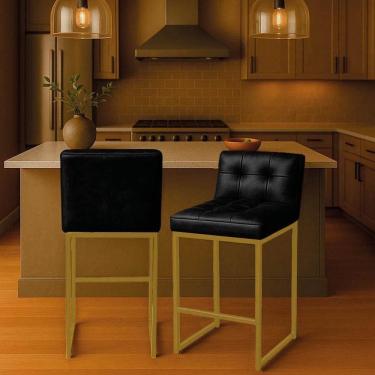 Imagem de Banqueta Cozinha Alta Com Encosto Industrial Kit 2 Dourado Lirina Pu Preto C05 - D`rossi