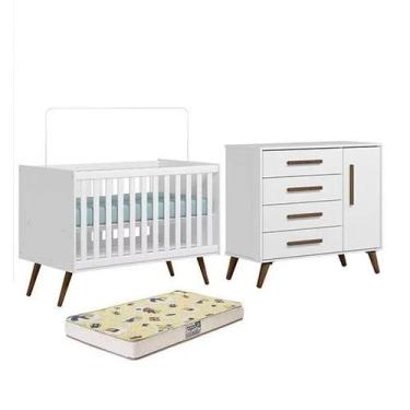 Imagem de Berço Mini Cama com Colchão e Cômoda Q Encanto Retrô Branco Qmovi