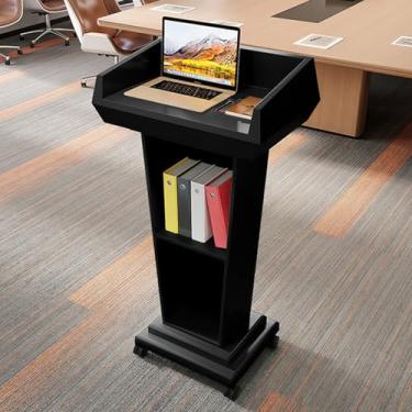 Imagem de Suporte de pódio portátil de madeira com armazenamento, púlpito móvel para igreja, sala de aula, conferência, auditório - mesa de pódio preta em pé no chão