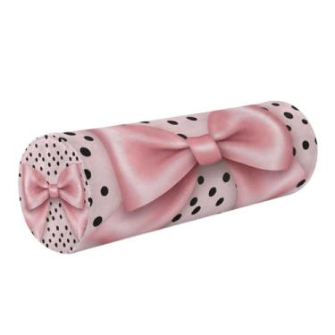 Imagem de Burbuja Almofada de rolo redondo com laço rosa em bolinhas para alívio da dor no pescoço, almofada de viagem cervical de espuma viscoelástica com capa lavável removível para cama, cabeça e pernas