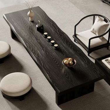 Imagem de Mesa de piso baixo japonesa de madeira maciça preta para meditação, chá ou sala de estar - Mesa de altar, 199,9 x 59,9 x 34,8 cm, ideal para sentar no chão e recepção