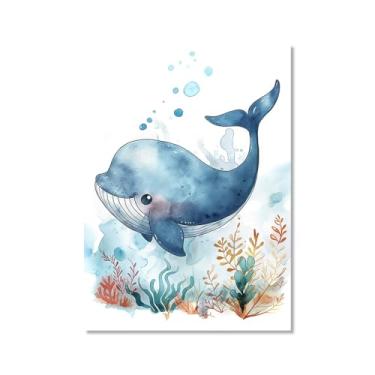 Imagem de Impressão de berçário de animais oceânicos desenho animado tartaruga marinha baleia pôster aquarela animais marinhos pintura em tela decoração de parede quarto infantil (SKU3,50.8x76.2 cm = (50x75cm