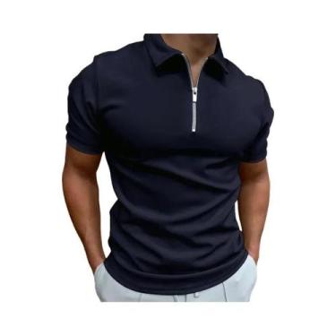 Imagem de Camisa Polo Masculina De Verão Em Cor Sólida Com Zíper E Gola Reversív