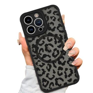 Imagem de AIGOMARA Capa para iPhone 14 Pro [compatível com MagSafe] Design com estampa de leopardo preto para mulheres e homens TPU macio bumper rígido PC traseiro antiqueda à prova de choque capa fina